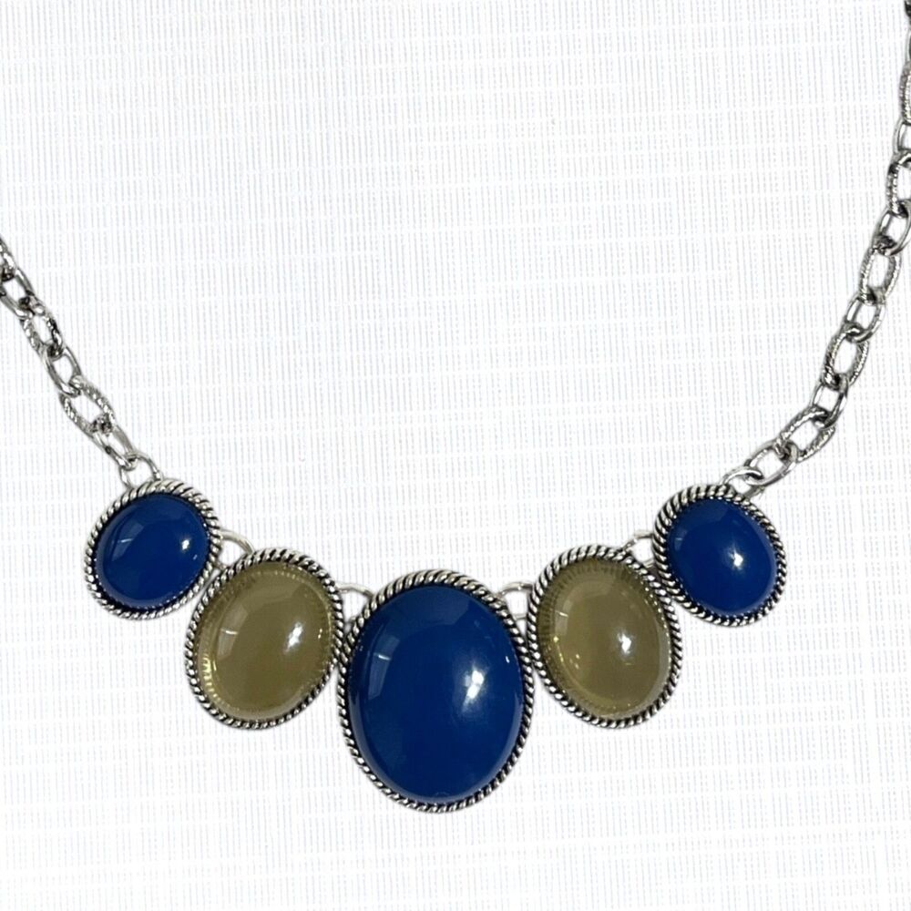 Silver Tone Chunky Chain Linked Cabochon Necklace Blue Green Simulated Stones